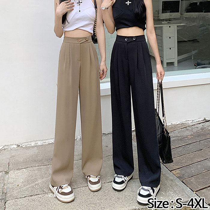 Rakuten - ワイドパンツ レディース スーツパンツ 薄身 ストレートパンツ ロングパンツ ハイウエストルーズドレープモップカジュアル カジュアル 着痩せ 美脚 ハイウエストワイドパンツ