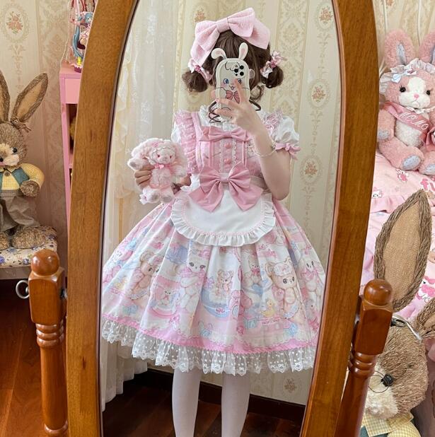 Rakuten - 可愛いロリータ服 甘ロリ ジャンパースカート ロリータワンピース 甘いロリータ 動物柄 プリント柄 フリル プリンセスライン レースワンピース 学園祭 文化祭 ゴスロリ コスチューム