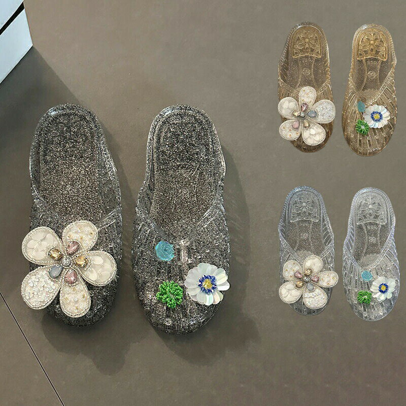 樂天商城 - ビニールサンダル 透明 ミュール クリアサンダル 22.5cm-25cm 韓国風ファッション 花飾り つま先覆い サンダル スリッパ ルームシューズ 美脚 歩きやすい レディ おしゃれ ビーチサンダル