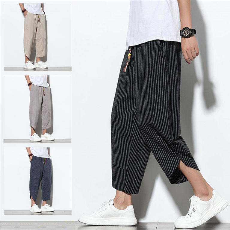 Rakuten - 七分丈パンツ メンズ ゆったり 涼しい ロングパンツ ストライプ柄 ボトムス パンツ 夏 薄手 カジュアルパンツ 大きいサイズ 快適