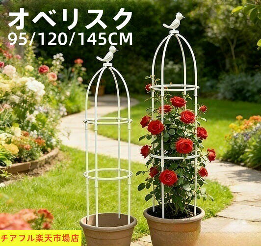 バラやクレマチスなどのつる性植物との相性に優れたオベリスクです。地植えや大き目プランターに最適です。バラやクレマチスなどのつる性植物との相性に優れたシックな色使い。繊細なワイヤーフレームがグリーンを引き立たせる仕上がりになっています。素材はスチールで表面にパウダーコーティングを施すことで錆びにくく耐久性を持たせています。バラやクレマチスなどのつる性植物との相性に優れたオベリスクです。地植えや大き目プランターに最適です。バラやクレマチスなどのつる性植物との相性に優れたシックな色使い。繊細なワイヤーフレームがグリーンを引き立たせる仕上がりになっています。素材はスチールで表面にパウダーコーティングを施すことで錆びにくく耐久性を持たせています。ガーデニング用支柱 オベリスク 支柱 ブラック ホワイト 95cm 120cm 145cm