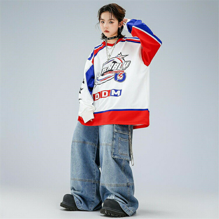 デニムパンツ セットアップ 長袖Tシャツ レース風 白 赤 キッズ ダンス 衣装 男の子 女の子 ヒップホップ k-pop衣装 韓国 ダンス衣装 練習着 発表会 派手 パンツ デニム ブルー