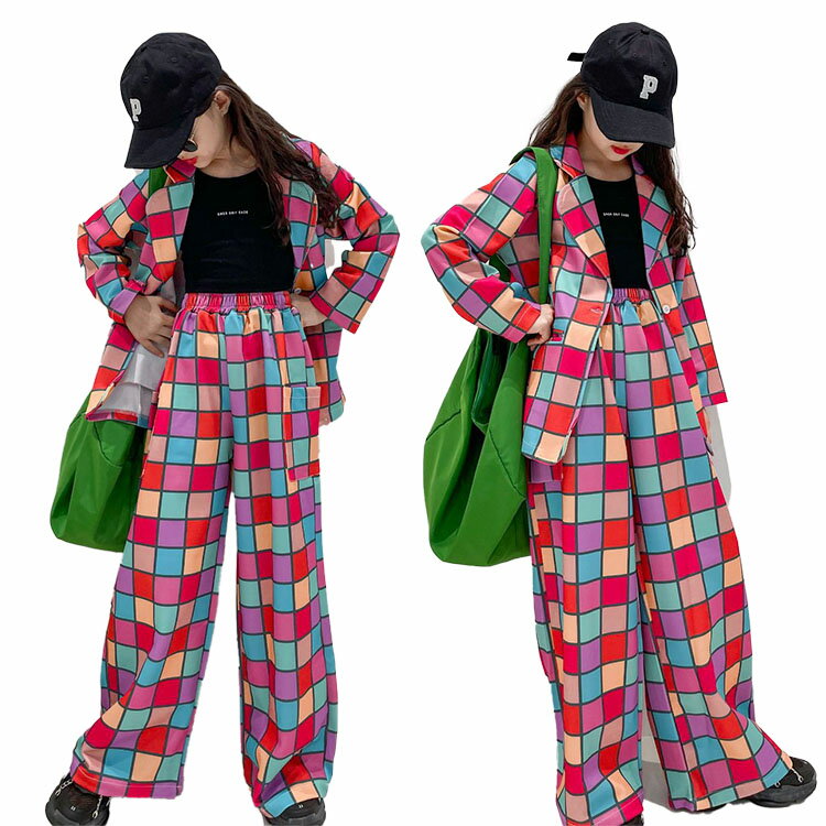 キッズ ダンス衣装 チェック柄 スーツ 赤 セットアップ ヒップホップ ジャケット カラフル k-pop 子供服 ロックダンス 女の子 ストリート b系 hiphop 韓 舞台 ジュニア