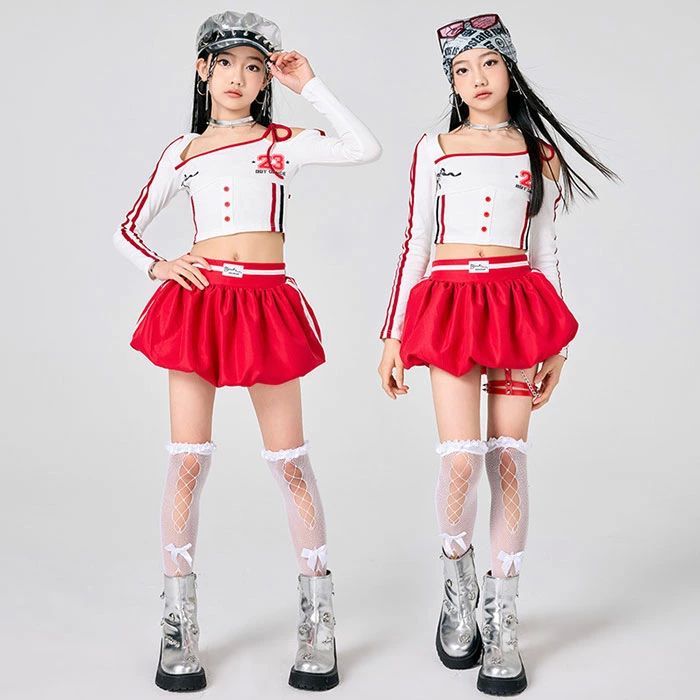 キッズ 子供用 ダンス衣装 ヒップホップ セットアップ 肩出し ショット丈 トップス 赤 ミニスカート 女の子 ジャズ ダンス 衣装 ジュニア 発表会 派手 目立つ 大 HIPHOP ダンス服