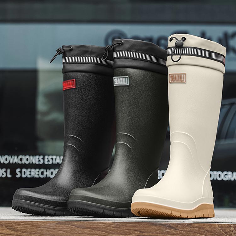 Show Case 楽天市場店のドローコード付き シンプル 雨靴 レインブーツ 防水 農作業用 長靴 滑り止め ワークブーツ 作業靴 洗車 メンズ ガーデニング 釣り アイボリー ブラック アウトドア｜アングル3
