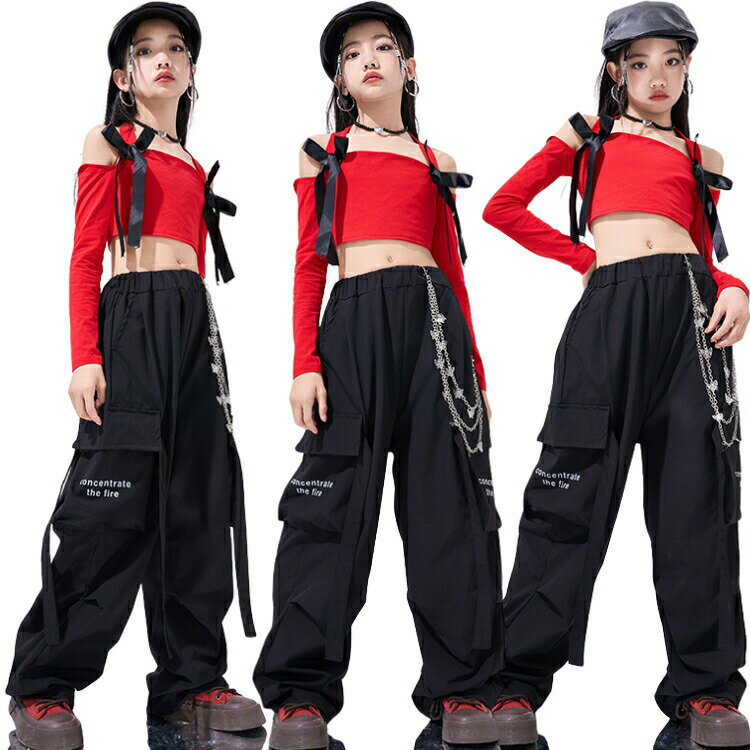 セットアップ 赤 黒 リボン へそ出し デザイン トップス パンツ HIPHOP キッズ 女の子 ダンスウェア 子供 キッズダンス ジャズダンス ヒップホップ ファッション 春 秋 jazz 長袖 冬