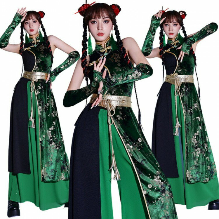 緑 花柄 ジャズ ダンス衣装 セットアップ かっこいい レディース 大人 ワンピース パンツ 腕カバー 中国風 チャイナ風 ヒップホップ ダンス k-pop 女...