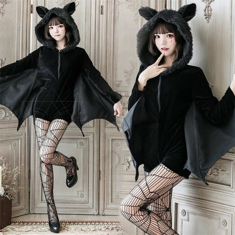 ハロウィン仮装 コウモリ 悪魔 変装 レディース ガールズ オールインワン 黒 女の子 フード付き 魔女 ..