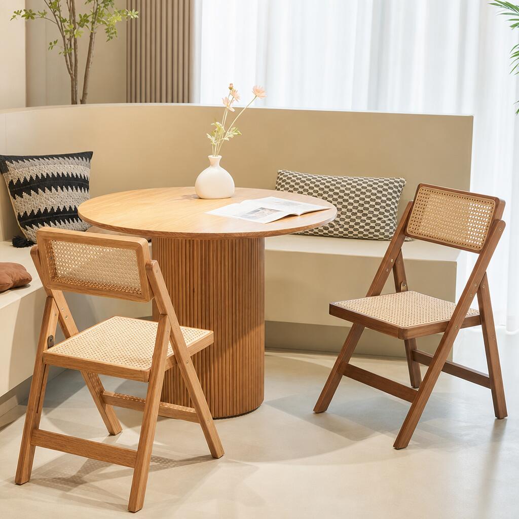 Rakuten - ダイニングチェア 折りたたみチェア ラタンチェア 天然木 完成品 ナチュラル かわいい 木製 ラタン椅子 折りたたみ式 省スペース ラタンイス 無垢材 ブラック 黒 リビング オシャレ 韓国風 コンパクト 北欧風 来客対応