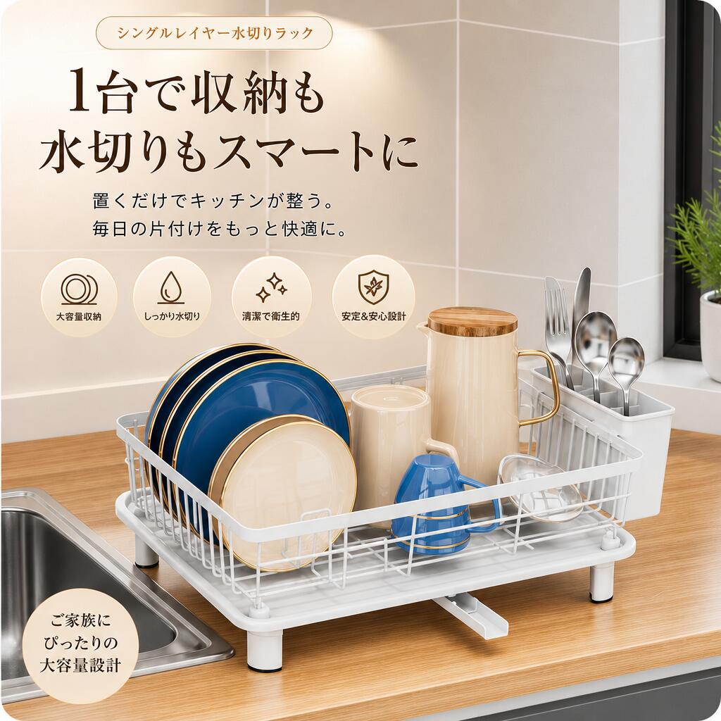 Rakuten - 水切りラック 360°排水で水が溜まらず スペース節約型の水切りかご カトラリーボックス付き食器乾燥ラック