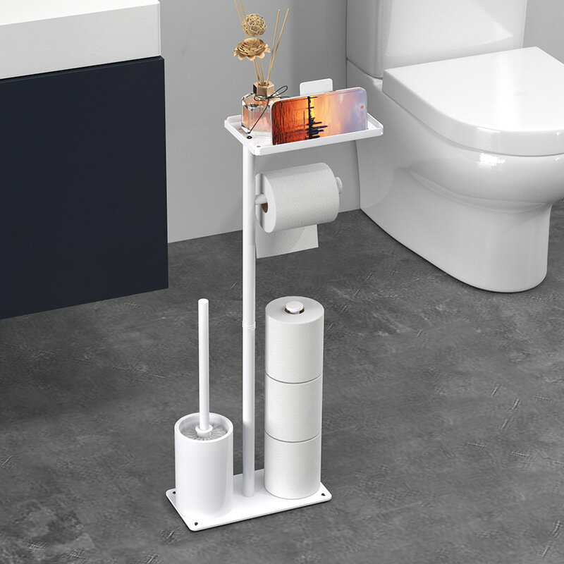 Rakuten - 欧風スタンドトイレットペーパーホルダー 白/黒 バスルームラグジュアリー 縦型巻紙掛け トイレブラシ付き 置き型 収納一体 省スペース おしゃれ 衛浴用品