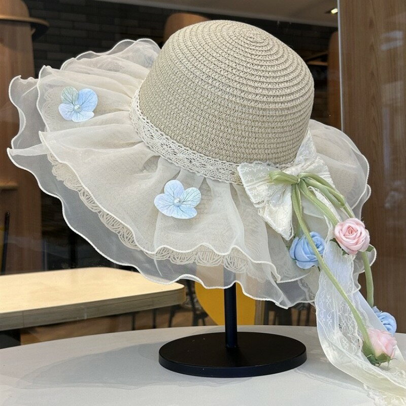 Rakuten - レディース ストローハット 夏用 レースリボン フローラルリボン付き サンキャップ ビーチハット