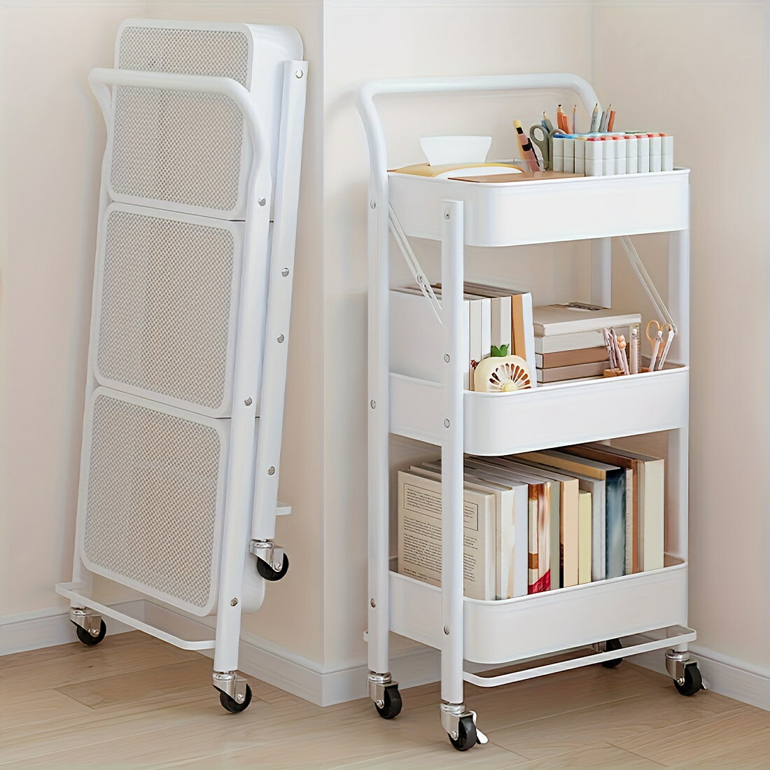 Rakuten - 3段折りたたみスチールラック キッチンカート ハンドル＆キャスター付き 46x29.5x87cm バスケット収納トロリー 省スペース キッチン・バスルーム用