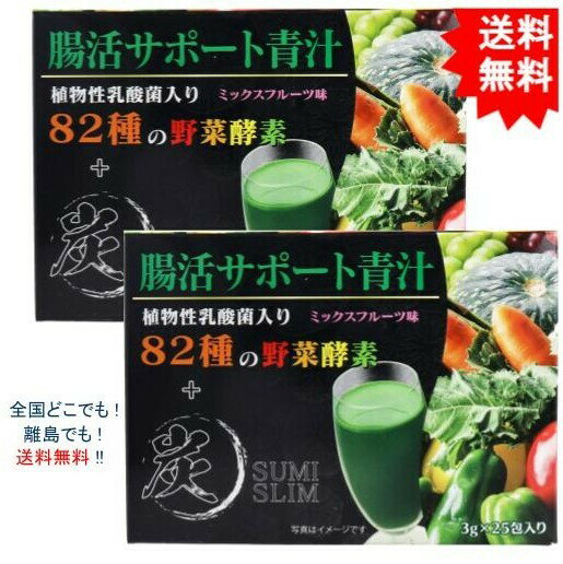 (2個セット）腸活サポート青汁 植物性乳酸菌入り 82種の野菜酵素+炭 ミックスフルーツ味 3g×25包入【お届けまで約1週間】【送料無料】