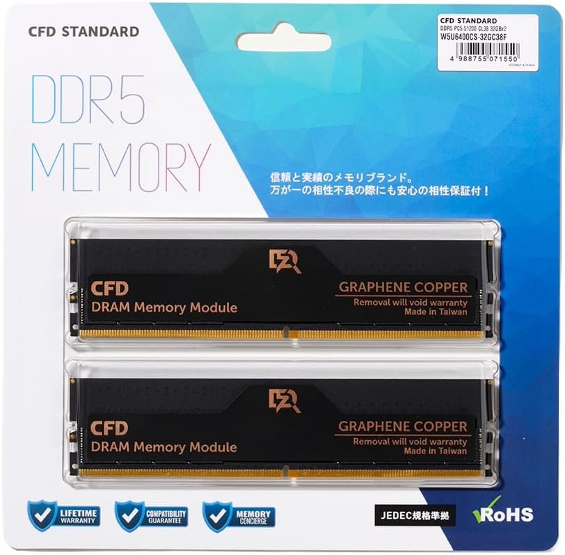 在庫有り 即納 W5U6400CS-32GC38F CFD Standard DDR5-6400 64GB (32GB×2) CL38 グラフェン銅箔ヒートシンク搭載 デスクトップPC用メモリ