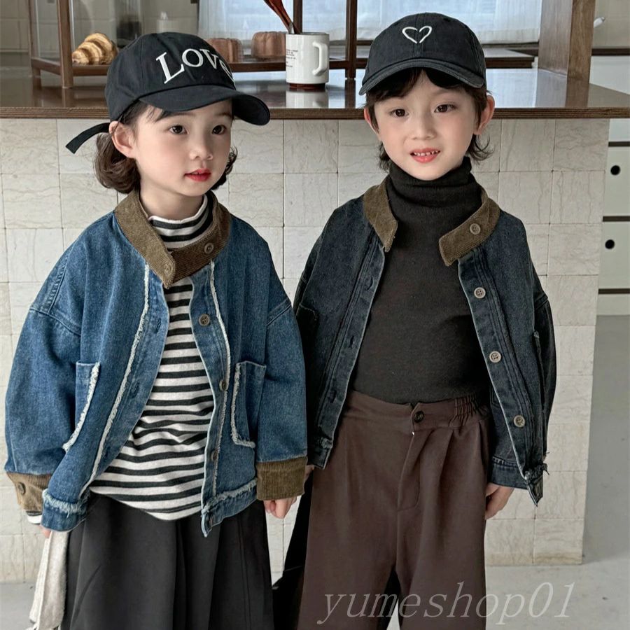 【3点15%offクーポン配布中! 子供の秋の新しいし毛の縁のデニムのコートの男女の赤ちゃんの衝突色の襟のジャケイットの上着