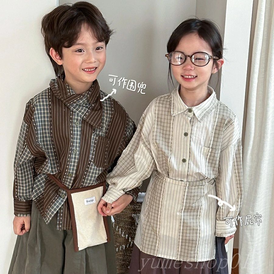 【3点15%offクーポン配布中！ 子供の春の新しいチェック柄スプライシング長袖シャツ男性と女性ベビーフ..