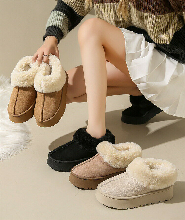 【4色】女性 フェイクファー ムートン スリッポン 大人 スノーシューズ 裏起毛 裏ポア フェイクレザー ..