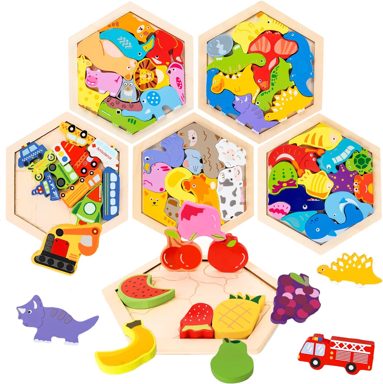 【3点15%offクーポン配布中！ 木製パズル 型はめパズル 形合わせ 豪華セット 六角形 はめ込み ブロック 積み木 積み上げ バランスゲーム 動物 乗り物 果物 恐竜 立体パズル 木のおもちゃ クリスマス プレゼント JOLNN