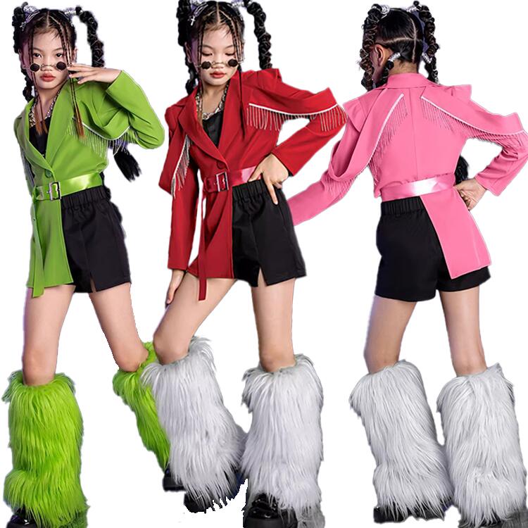 【3点15%offクーポン配布中! セットアップ キッズ ダンス衣装 JAZZ ジャズ グリーン レッド ピンク ジャケット レッグウォーマー*2 女の子 ヒッ...