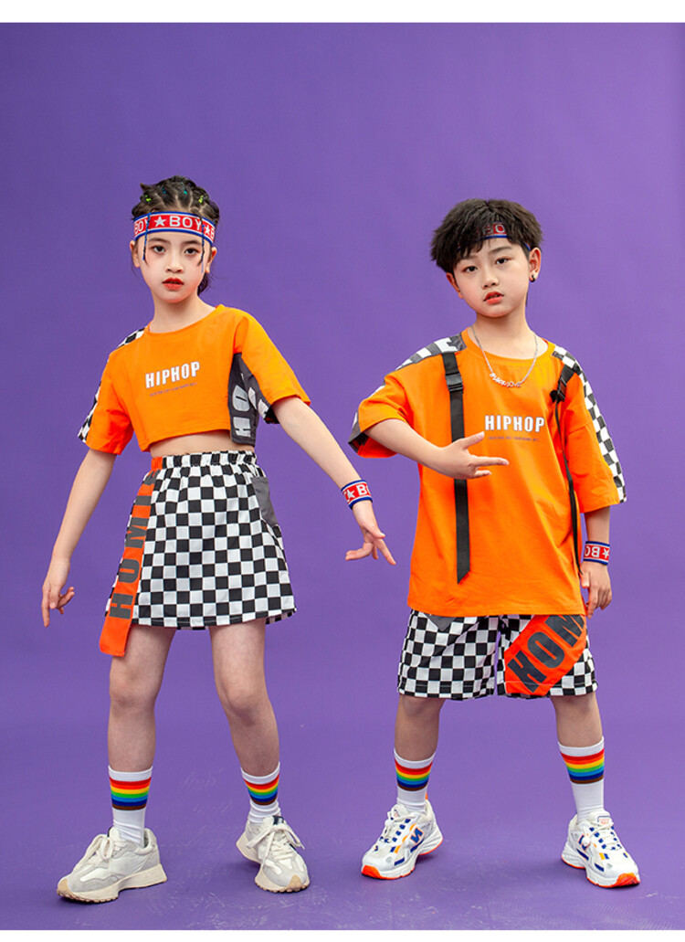 【3点15%offクーポン配布中！ ダンス 衣装 キッズ ヒップホップ 派手 hiphop ジュニア オレンジ ダンスウェア 団体服 ゆったり tシャツ ハーフパンツ 運動服 スカート セットアップ 男の子 女の子 韓国 子供服 スポーツウェア おしゃれ 110-180cm