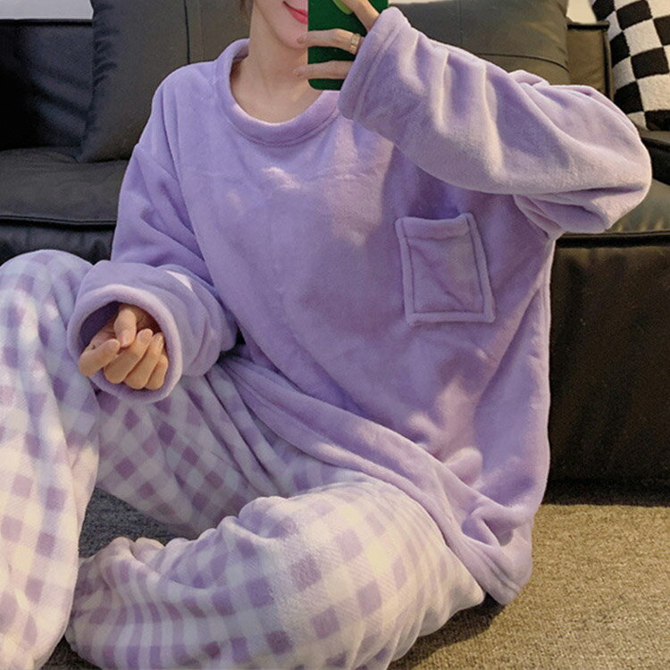 ルームウェア レディース もこもこ 長袖 冬 可愛い ルームパンツ 2点セット 上下別柄 無地 チェック フリース パジャマ 部屋着 ゆったり 起毛 プルオーバー ドロップショルダー ラウンドネック ウエストゴム おうち時間のサムネイル