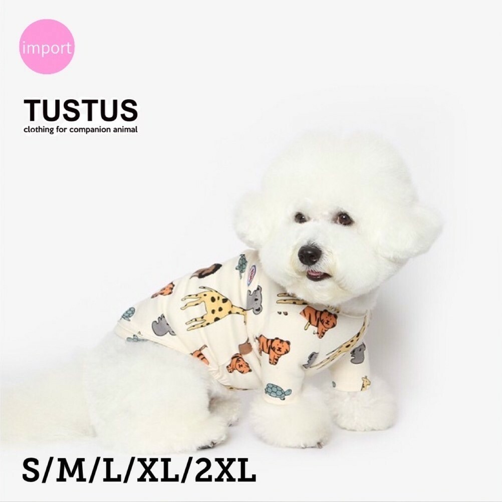 犬の服 おしゃれ 韓国 ブランド tustus フォレストZOOプリント Tシャツ 綿素材 伸縮性あり 着せやすい 犬服 犬 ドッグウェア オールシーズン 春 夏 秋 冬 男の子 女の子 お部屋着 お散歩 かわいい インポート 小型犬用 S-2XL TUSTUS