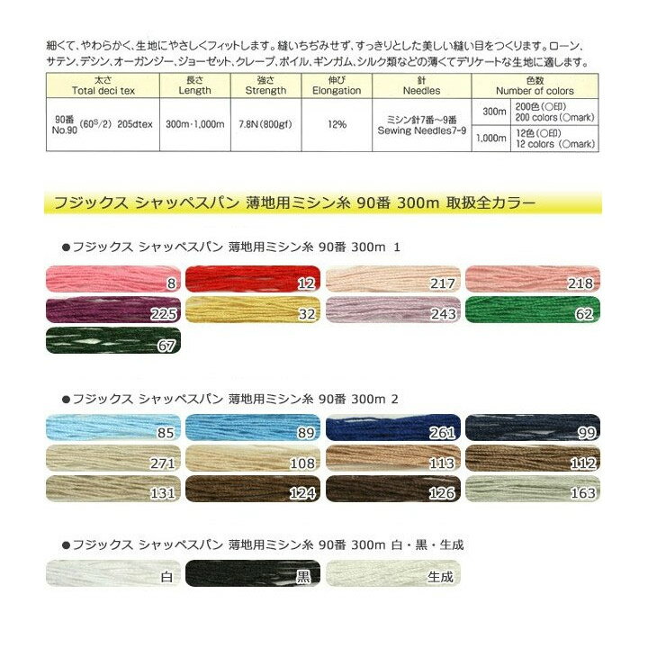 フジックス シャッペスパン 薄地用ミシン糸 90番 300m 白・黒・生成｜スパン糸 ソ...