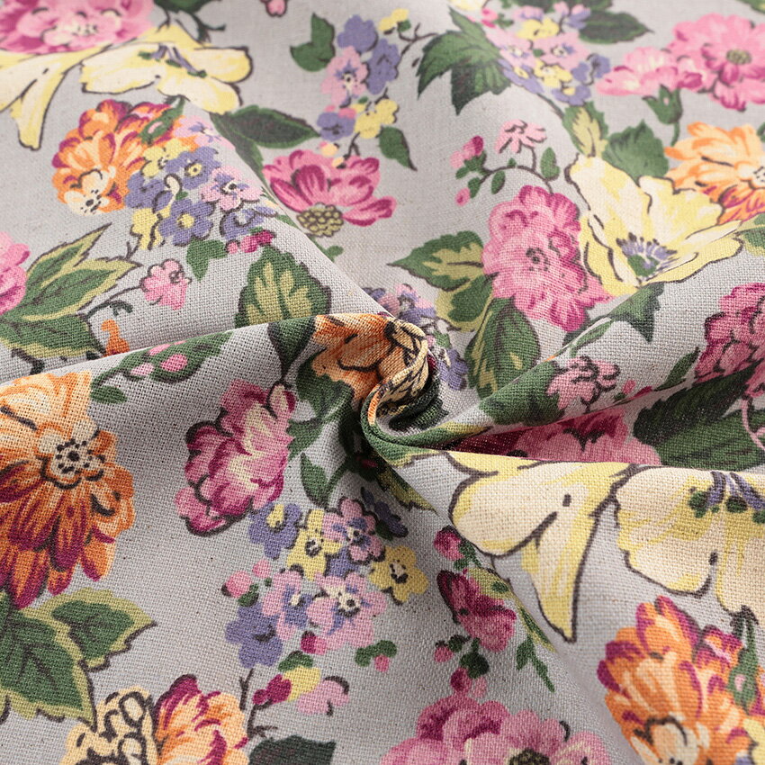 YUWA flowers 綿麻キャンバス 50cm単位｜有輪商店 生地 切売り 切り売り 布 布地 コットンリネン 花柄 フラワー柄 フラワープリント ゆうわ 普通地 丈夫 エレガント 上品 アンティーク調 クラシカル おしゃれ 華やか 大柄