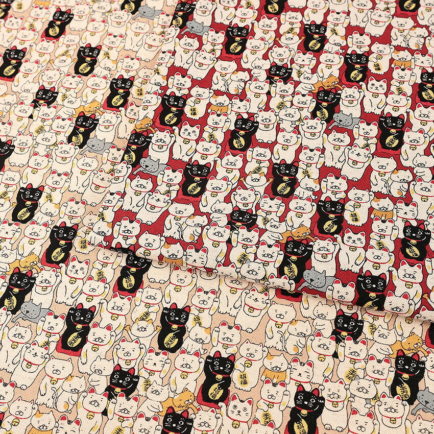 招き猫 綿麻キャンバス 50cm単位 | 切売り 切り売り 生地 布 布地 コットンリネン まねきねこ まねき猫 猫柄 ねこ ネコ にゃんこ ニャンコ キャット 普通地 丈夫 ユニーク かわいい 動物柄 コットンこばやし