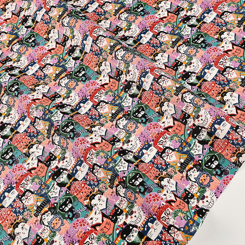 にゃんこだ和 かぶきだにゃー スケア 50cm単位 | 切売り 切り売り 生地 布 布地 コットン100％ ネコ ねこ 猫 キャット ニャンコ スケア プリント かわいい 薄手 薄地 和調 和風 和柄 和テイスト 縁起物 動物柄 歌舞伎のサムネイル