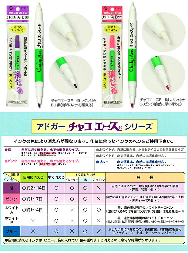 チャコエースE 消ペン付き｜アドガー 印付け 自然にゆっくり消えるチャコペン 自然に早く消えるチャコペン 手作り 2