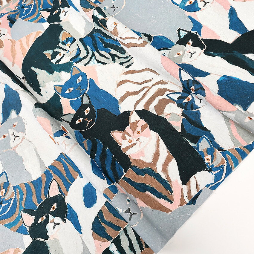 NekoNoe Ayano Tamuro 猫ぎっしり シーチング 50cm単位 | 生地 布 切売り 切り売り 布地 ねこ 猫 ネコ かわいい コットン100％ インクジェット プリント カラフル 大柄 薄手 キャット にゃんこ ニャンコ ◎PUSH キャラ生地◎