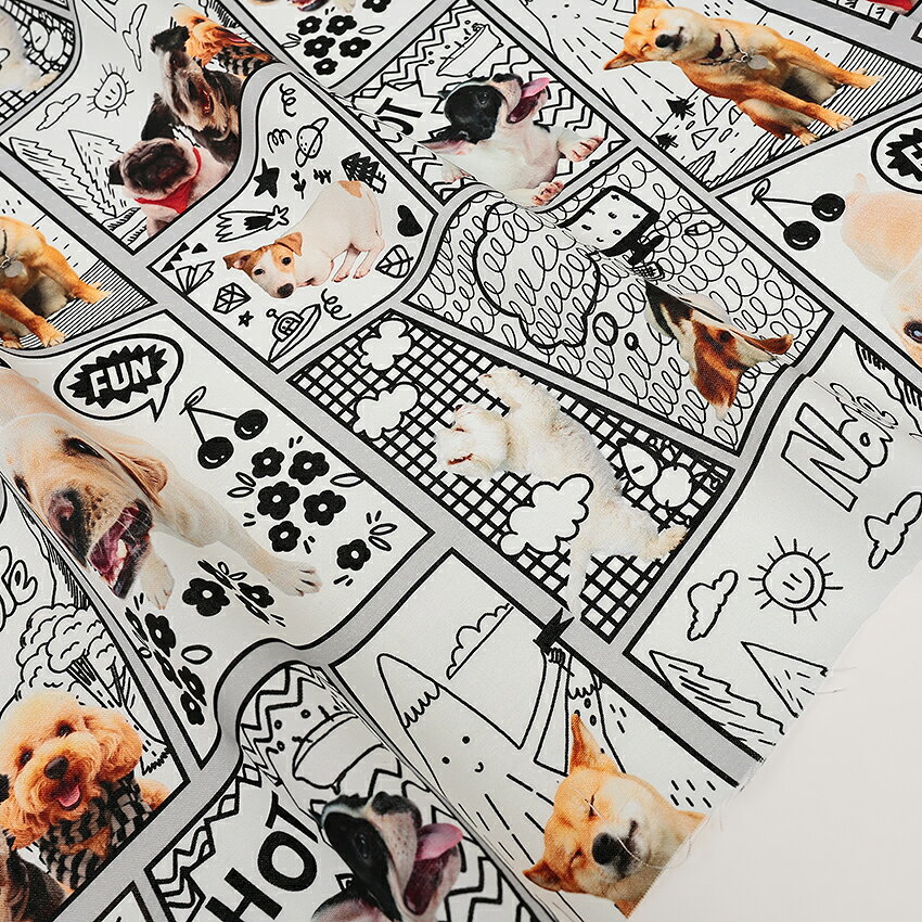 KOMU STRADA Comicframe dogs インクジェット シーチング 50cm単位 | 生地 布 切売り 切り売り 布地 かわいい おしゃれ いぬ イヌ 犬 ドッグ わんちゃん 柄 コットン100％ 入園 入学 通園 通学 新学期 グッズ 薄手 薄地 フレーム アニマル マンガ 漫画