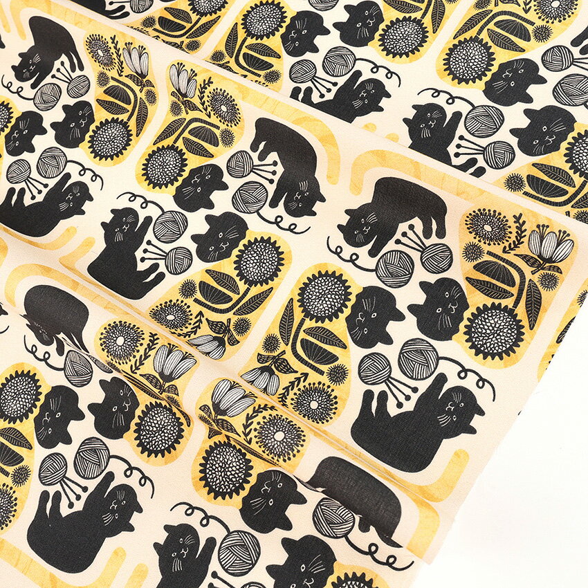 樂天商城 - 365 CAT.ART 黒猫とお花 シーチング 50cm単位 | 切売り 切り売り 生地 布 布地 コットン100％ かわいい おしゃれ カワムラオリエ デザイナー ねこ キャット 薄手 薄地 インクジェットプリント 北欧風 北欧テイスト ネコ