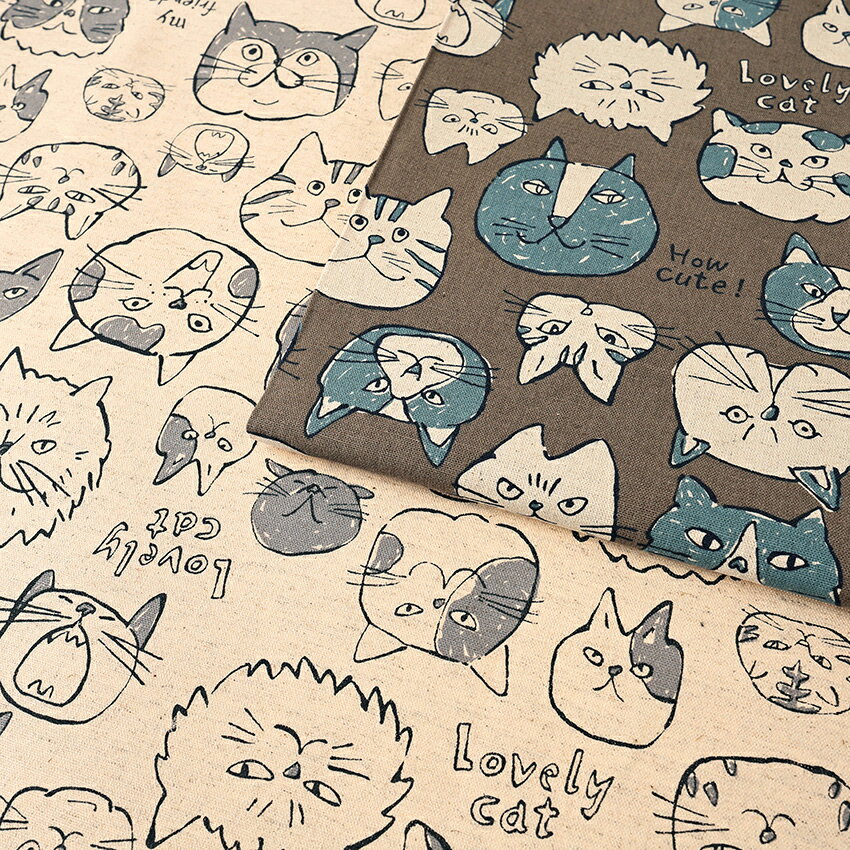 乐天商城 - Doodle Animal Cats face 綿麻キャンバス 50cm単位 | 切売り 切り売り 生地 布 布地 かわいい ねこ 猫 ブサかわ ユニーク 猫の顔 いたずら書き風 手描き風 生成 ブラウン 普通地 丈夫 コットンリネン ネコ キャット にゃんこ ニャンコ