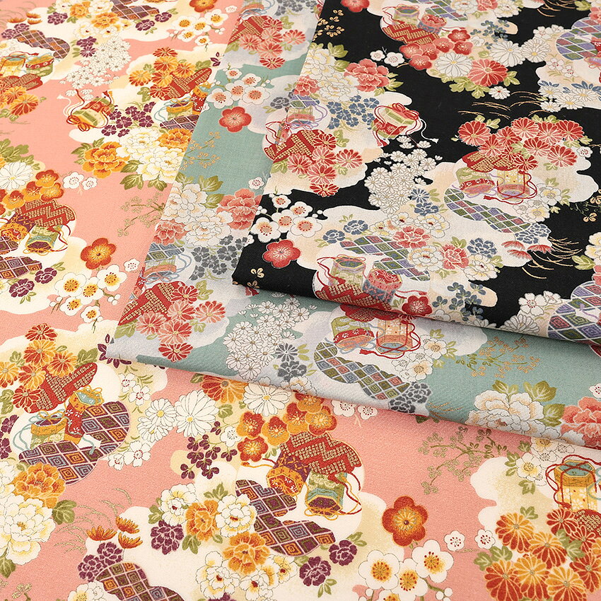 金粉 花和柄 雲海に宝花 50cm単位 | 切売り 切り売り 生地 布 布地 コットン100％ 和柄 和調 和風 吉祥文様 キラキラ 上品 雅やか 華やか 薄手 ゴールドプリント ラメ キラキラ 花柄 フラワー柄 ぼたん