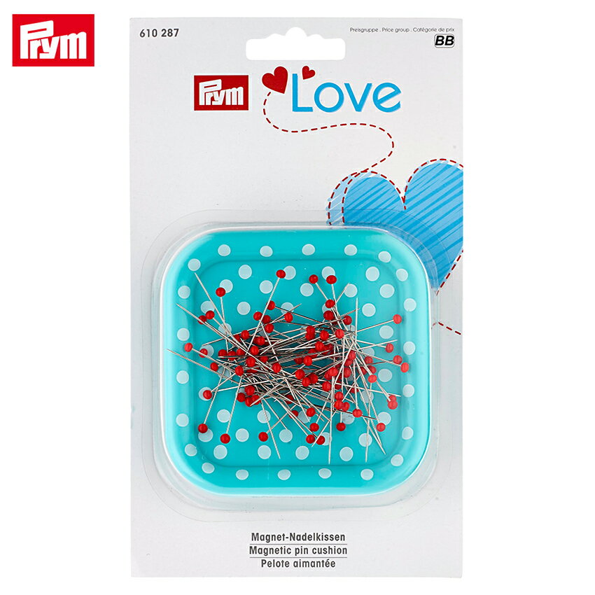 散らばった針を集める時にも便利なマグネットタイプのピンクッションです。 熱に強いガラスヘッドの待ち針付き。 ■サイズ（約）… 87×86×25mm（商品サイズ） 110×185×28mm（パッケージサイズ） ■素材…ABS樹脂、磁石（本体）、スチール、ガラス（針） ■生産国…中国 ※1個から宅配扱いとなりますのでご了承ください。 メーカー希望小売価格はメーカーカタログに基づいて掲載していますPrym プリム ラブ マグネットピンクッション 待ち針セット 610287 【プリム】一覧はこちら！