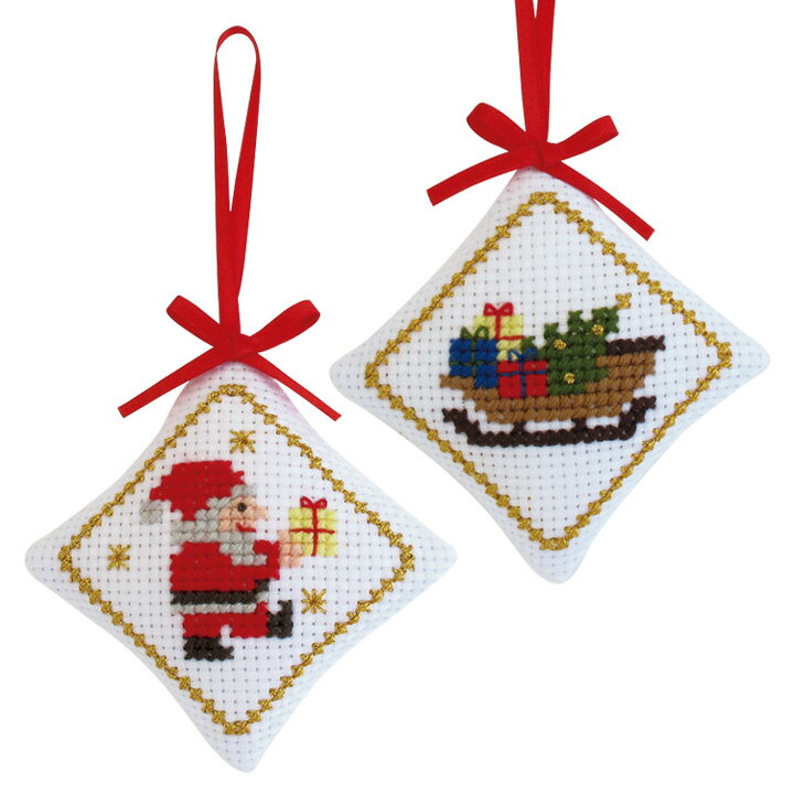 ◎XmasPUSH！◎ 刺繍 刺しゅうキット オリムパス CHRISTMAS STITCH ラメ糸輝くクリスマスステッチ オーナメント サンタ＆ソリ【メール便可】| クリスマス クロスステッチ 初心者 刺繍キット 手作りキット キット 手芸キット 刺繍セット 手芸セット