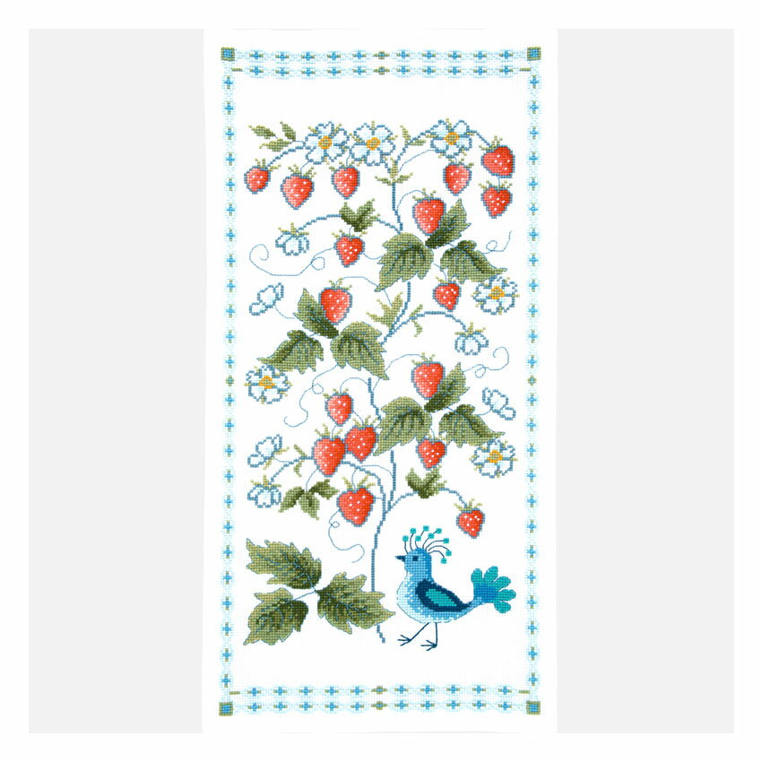 刺繍キット オリムパス オノエ・メグミ テーブルセンター ワイルドストロベリーと鳥｜1203 テーブルクロス クロスステッチ いちご