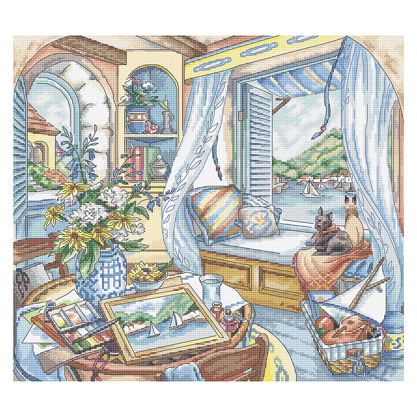 【冬刺繍P15】 輸入刺繍キット LETISTITCH L8006 Window Seat 窓側の席 ／犬 クロスステッチキット 輸入