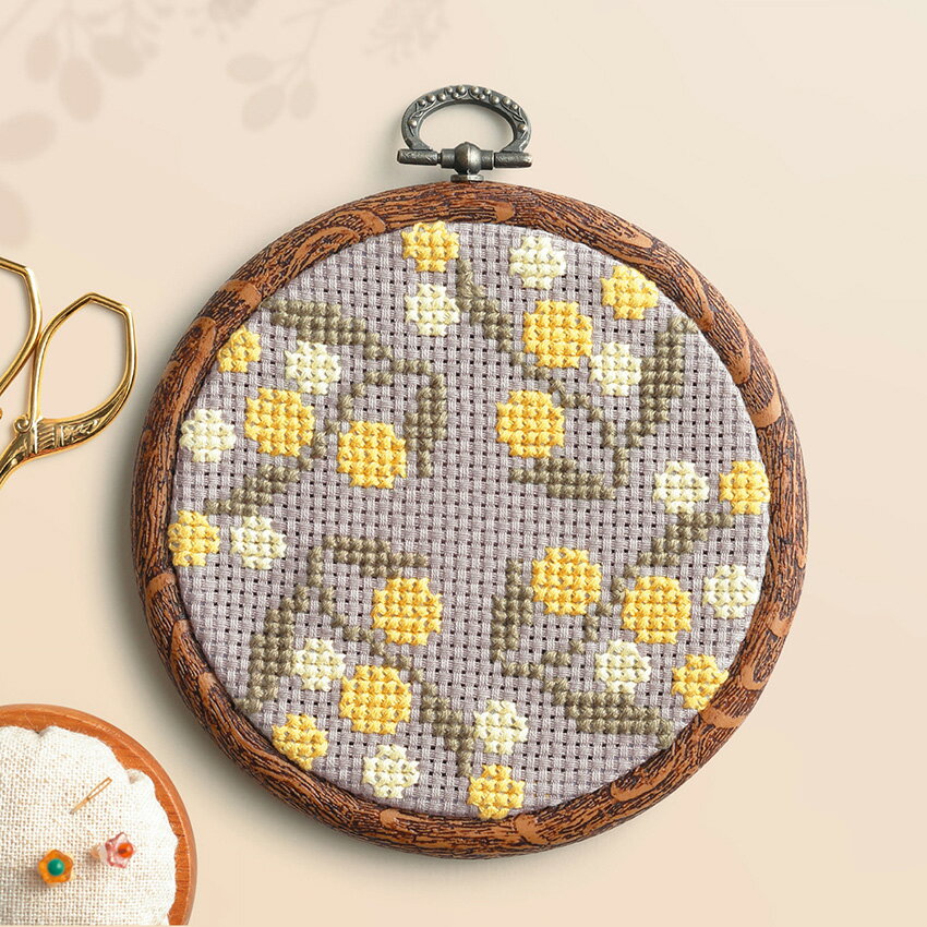 オリムパス &Botanical ミモザ 7562 ボタニカル クロスステッチキット | 初心者向き クロスステッチ 刺繍キット内径10.5cm フープ付き 4本どり 植物刺しゅう