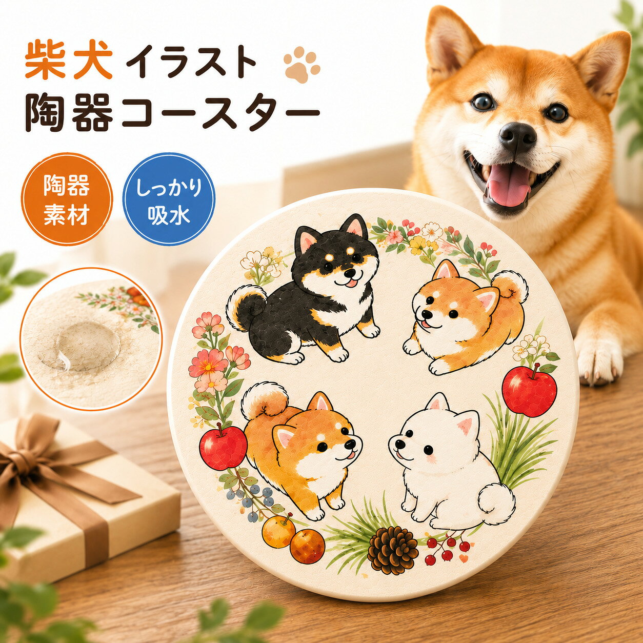 柴犬 コースター 陶器 吸水 10cm 滑り止め付き 犬 イラスト かわいい おしゃれ コップ敷き  ...