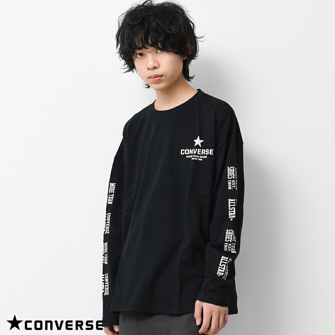 【セール】【送料無料】【2点までメール便対象】CONVERSE 別注袖ロゴプリントTシャツ カットソー トップス ゆったり ビッグシルエット 子供服 男の子 小学生 中学生 ファッション キッズ ジュニア 大人っぽい ダンス 120cm 130cm 140cm 150cm 160cm