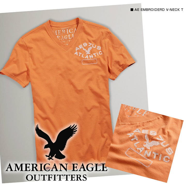 【American Eagle/アメリカンイーグル】(半袖Tシャツ)(アメカジ)アメリカンイーグル メンズ 半袖TシャツAE EMBROIDERD V-NECK T ビンテージタンジェリン (0164-3813)(XS/S/M/L/XL/XXL)【セール】