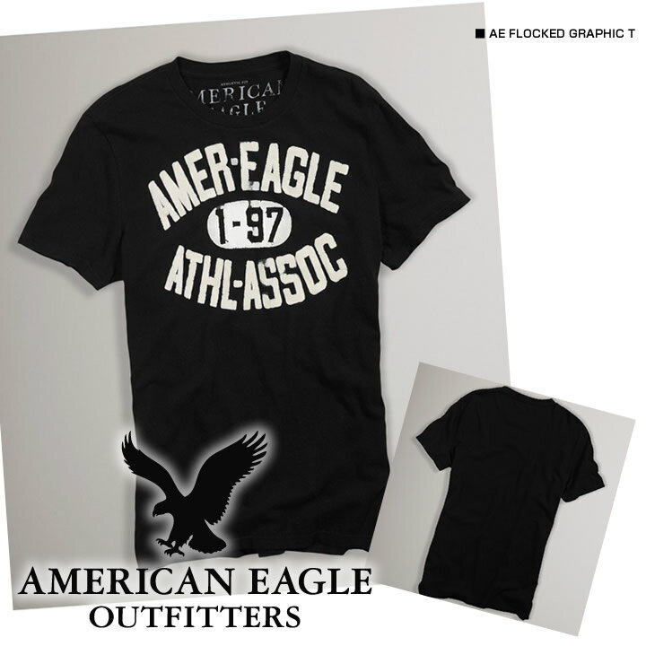 【American Eagle/アメリカンイーグル】(半袖Tシャツ)(アメカジ)アメリカンイーグル メンズ 半袖TシャツAE FLOCKED GRAPHIC T トゥルーブラック (0164-3848)(XS,S,M,L,XL)【セール】