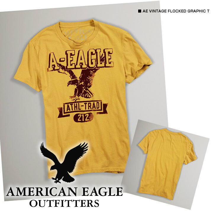 【American Eagle/アメリカンイーグル】(半袖Tシャツ)(アメカジ)アメリカンイーグル メンズ 半袖TシャツAE VINTAGE FLOCKED GRAPHIC T スカラーゴールド (0164-3925)(XS,S,M,L,XL)【セール】