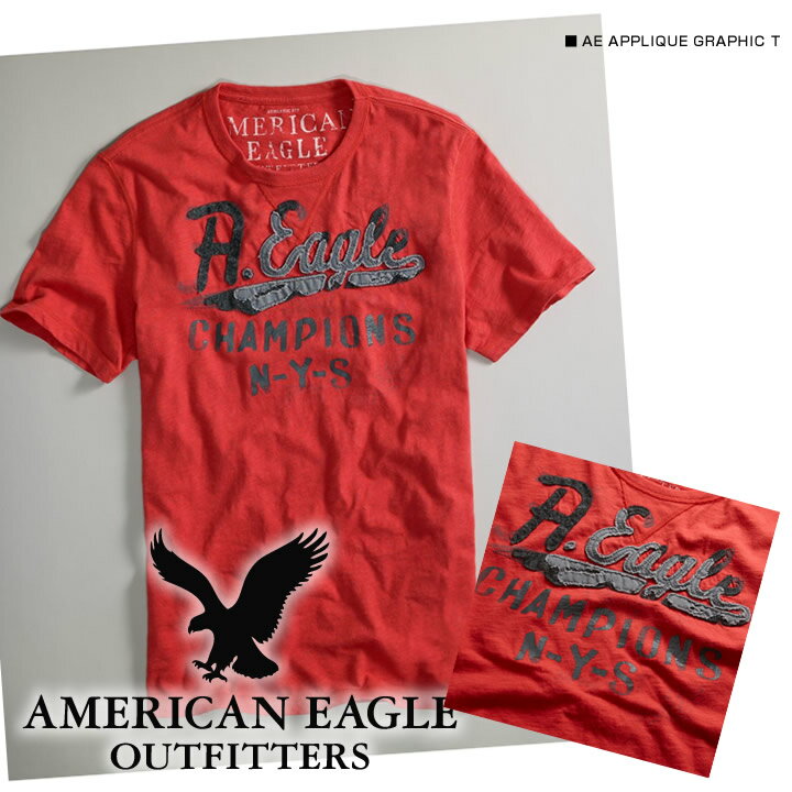 【American Eagle/アメリカンイーグル】(半袖Tシャツ)(アメカジ)アメリカンイーグル メンズ 半袖TシャツAE APPLIQUE GRAPHIC T レッド ブリーチャー (2190-3837)(XS,S,M,L,XL)【セール】