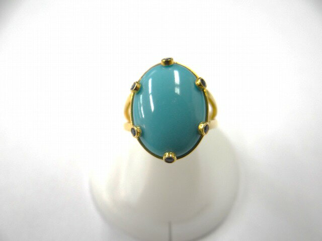 K18YG カナダ産 ターコイズリング　6.3ct トルコ石　サファイア6石0.1ct位 計1.75ct 10号 個性的なセッティング 一点物　シンプル おしゃれな　デザイン　プレゼントに(4.0)