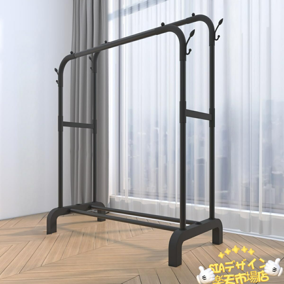 【全品2点で5%OFF】ガーメント ラック ハンガーラック 自立型 ハンガー ダブル ロッド 多機能 ベッドルーム バルコニー 寮 衣類 ラック 簡易組立 占有面積小 (100cm ブラック)